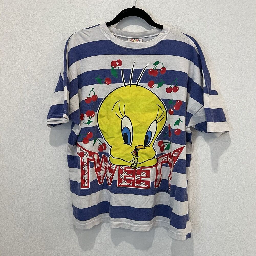 Vintage 90s Looney Tunes Tweety Bird Cherry's Unisex Large Blue White Stripes